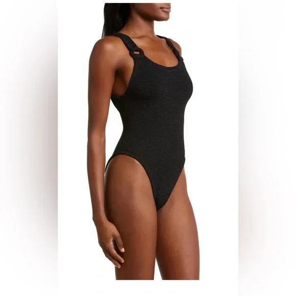 NWOT HUNZA G DOMINO RING HARDWARE ONE-PIECE SWIMSUIT BLACK WOMEN'S ONE SIZE - Picture 3 of 14